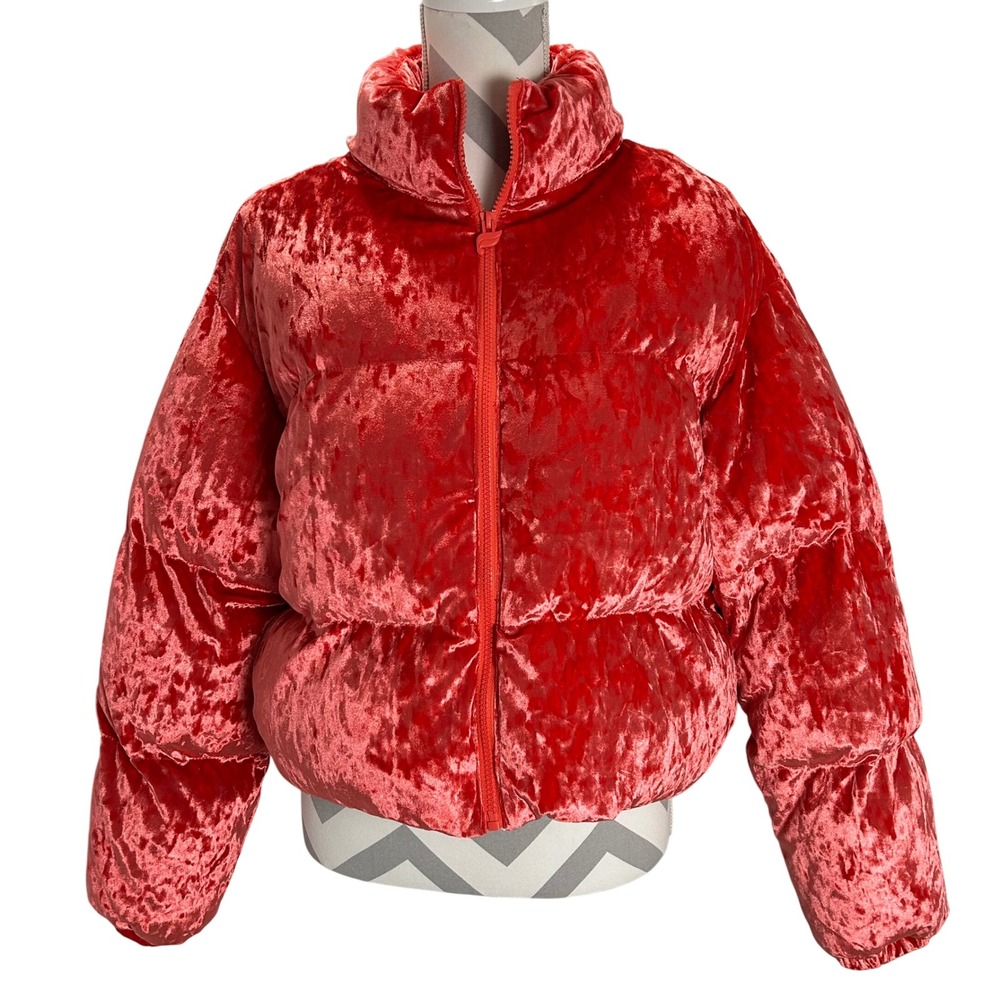 Fabletics Womens Cropped Velvet Puffer Jacket Full Zip Coral Red Size Small